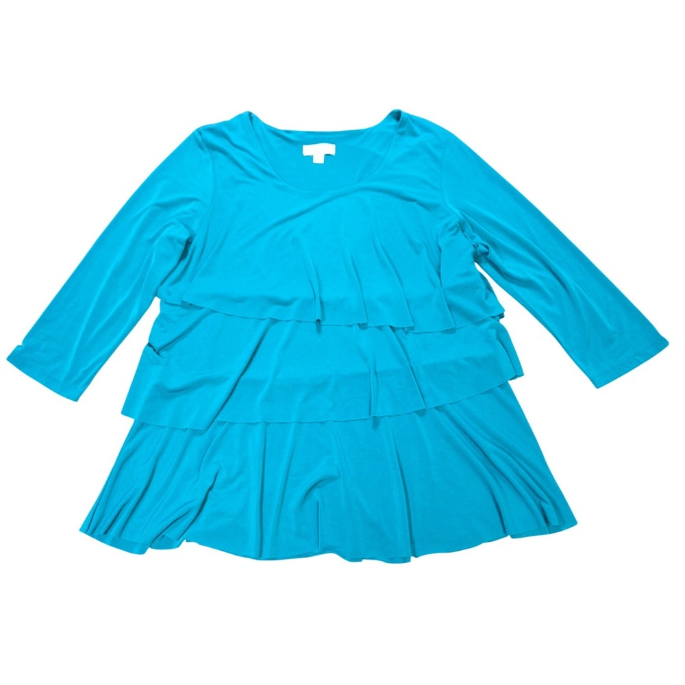 Susan Graver Knit Tiered Ruffle Tunic Top Women's Size M Turquoise Blue Liquid